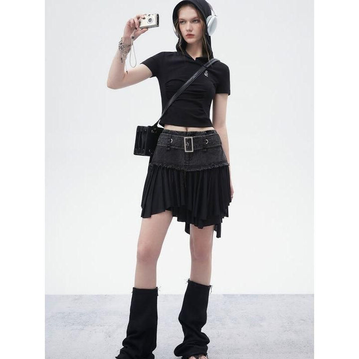 Street Black Denim Mini Skirt with Ruffled Hem