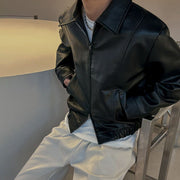 cropped pu leather jacket men polo collar, view 4 - MRSLM