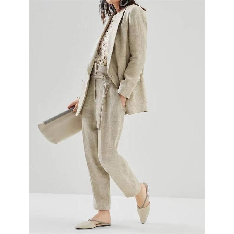 Cotton linen women's blazer and pants set, view 3 - MRSLM