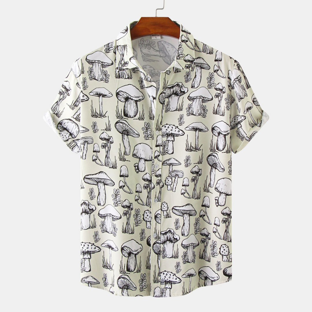 Mens Cartoon Mushroom Print Lapel Short Sleeve Shirt