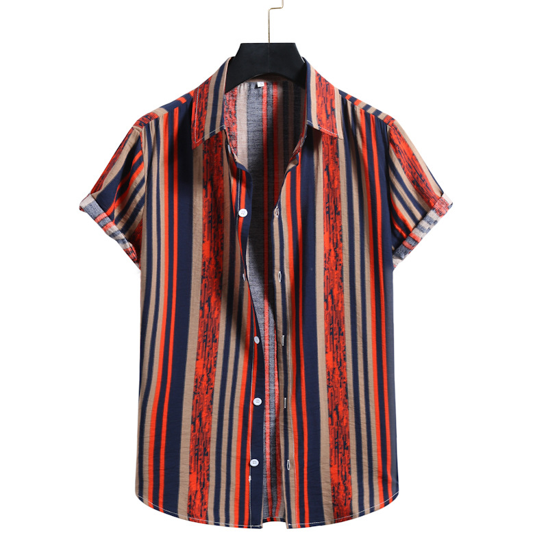 Mens 100% Cotton Vertical Striped Casual Short Sleeve Shirts