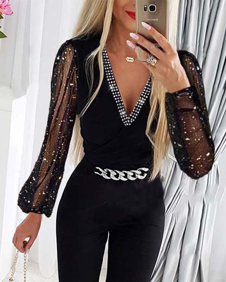 Women's V-neck Rhinestone Mesh Jumpsuit