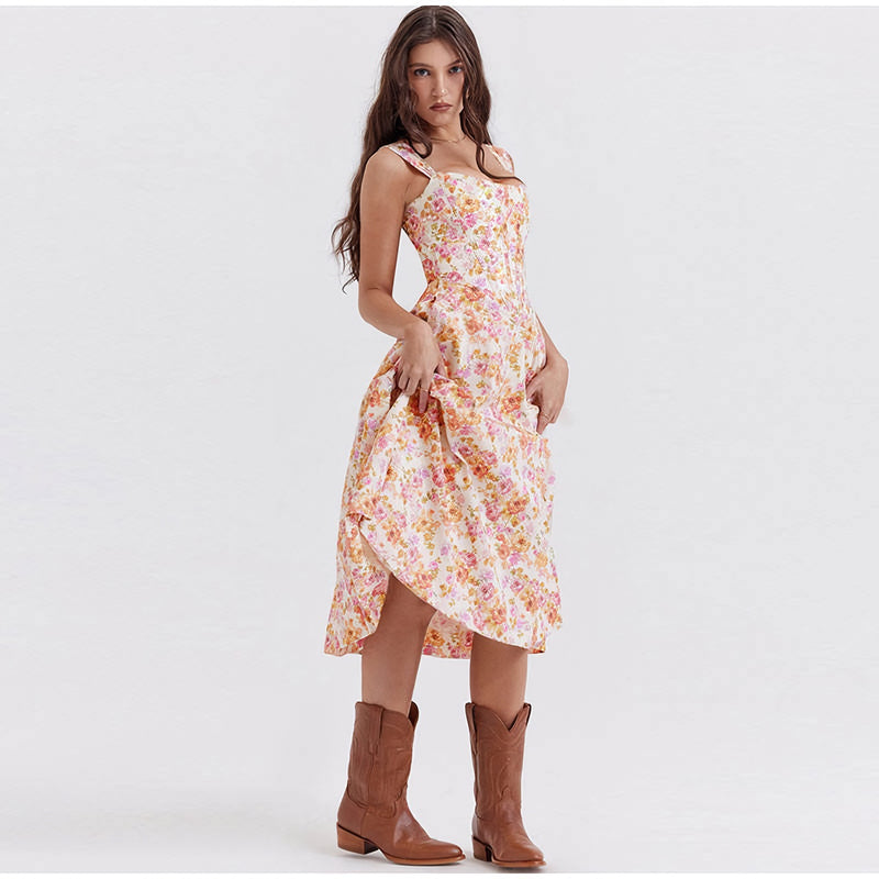 printed spaghetti strap midi dress, view 5 - MRSLM