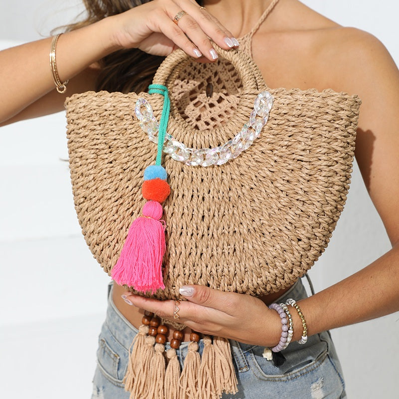 handwoven rattan beach handbag, view 5 - MRSLM