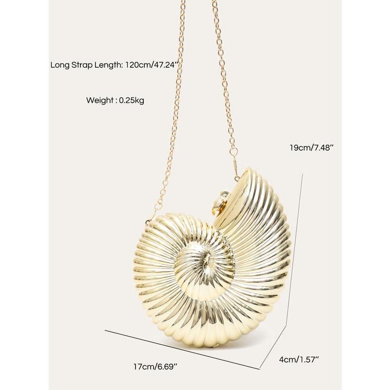 Luxuriöse, glänzende Abendclutch aus Acryl in Muschelform mit Kettenriemen