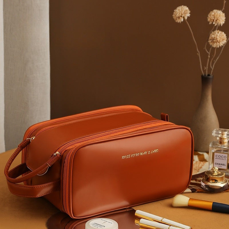 Three-layer Double Zipper U-shaped Design Cosmetic Bag Fashion High Capacity Make Up Bags Portable Pu Leather Storage Bag For Skin Care Products