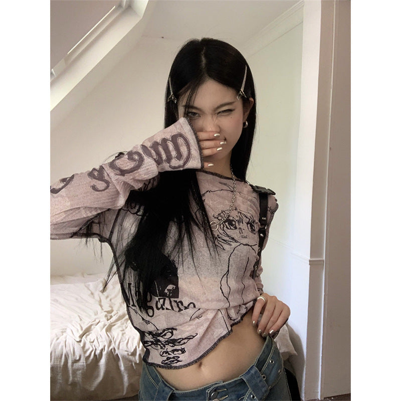 women's pink printed long sleeve cropped t-shirt, view 5 - MRSLM