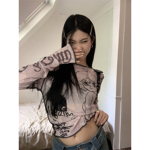 women's pink printed long sleeve cropped t-shirt, view 5 - MRSLM