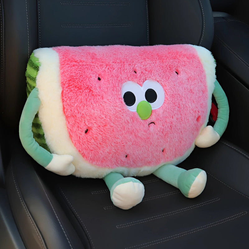 Almofada de apoio lombar e de cabeça com um design fofo de melancia para maior conforto no carro.