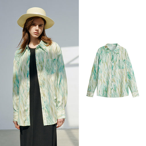 satin print long sleeve blouse, view 2 - MRSLM