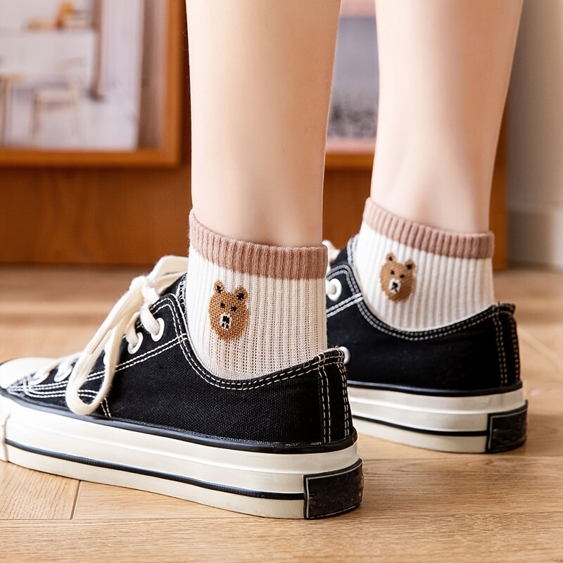 5 Paar niedliche Teddybär-Knöchelsocken – bequeme kurze Socken