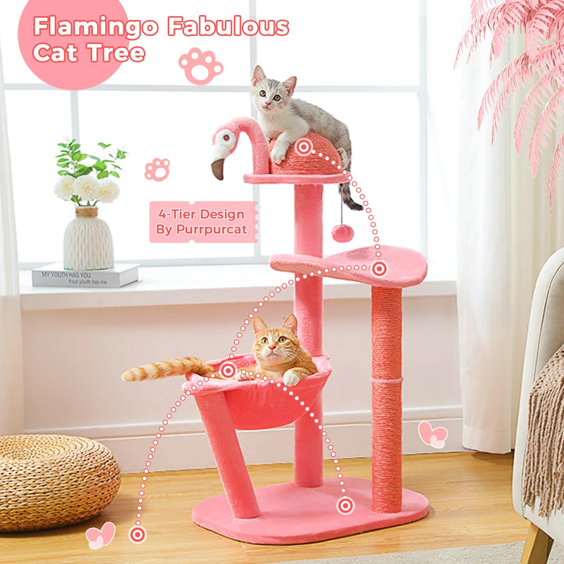 Encantadora árvore para gatos de vários níveis em formato de flamingo rosa, com rede e postes para arranhar.