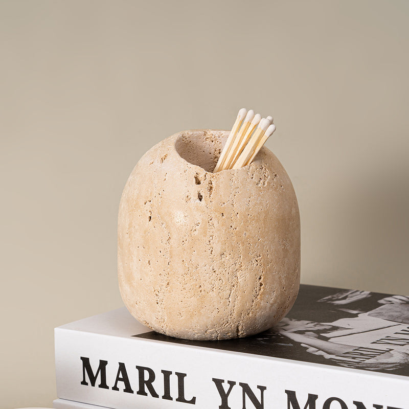 beige travertine match holder, view 2 - MRSLM