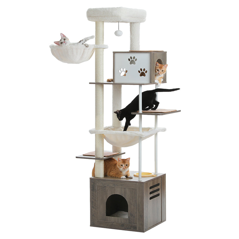 Árvore para gatos grande de vários níveis com espaçosas casinhas, redes e postes de sisal para arranhar.
