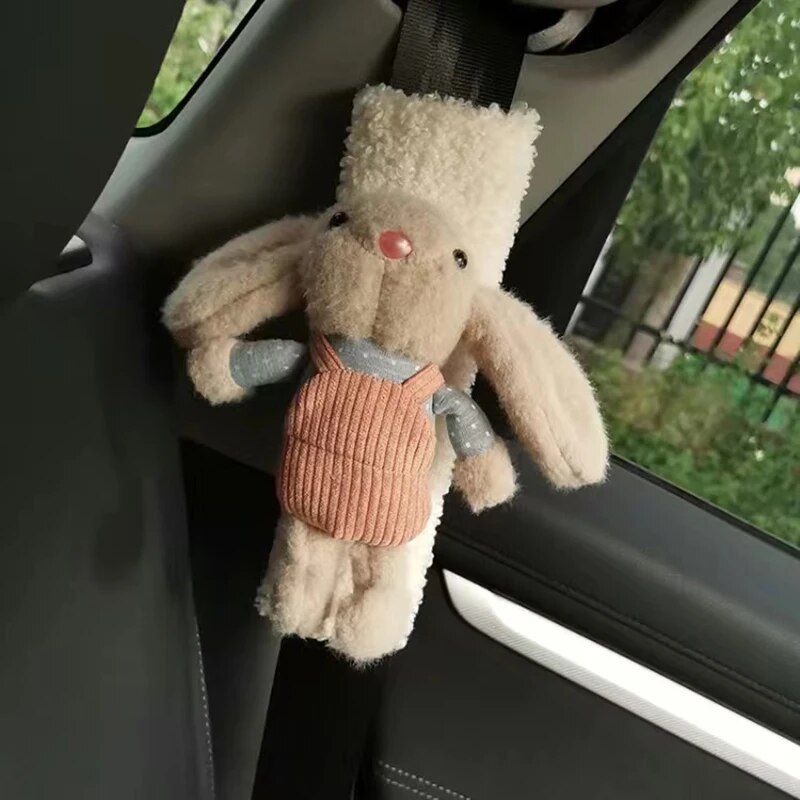Plush Rabbit Car Seat Belt Decor with Shoulder Protector & Headrest Drawer