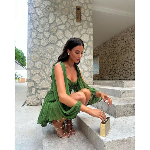 v-neck mini dress with lantern sleeves, view 3 - MRSLM