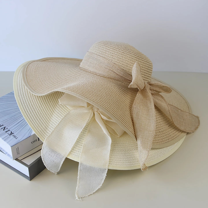 Straw Hat with Wide Brim & Bowknot