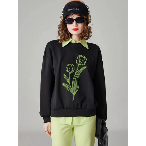women's floral embroidered loose fit pullover, view 2 - MRSLM