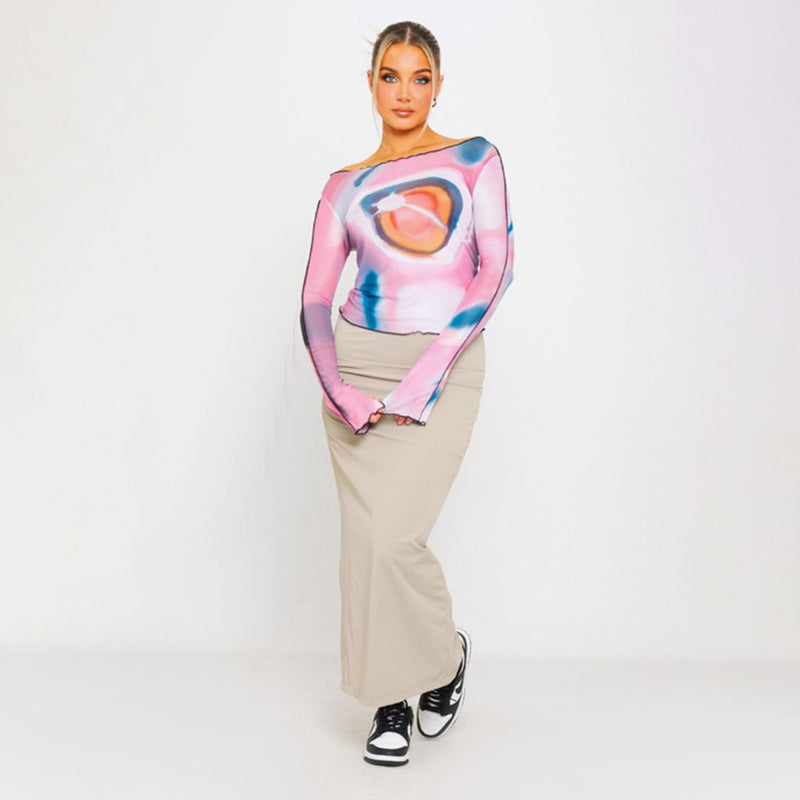 Buntes Langarm-T-Shirt mit Rüschen aus Mesh