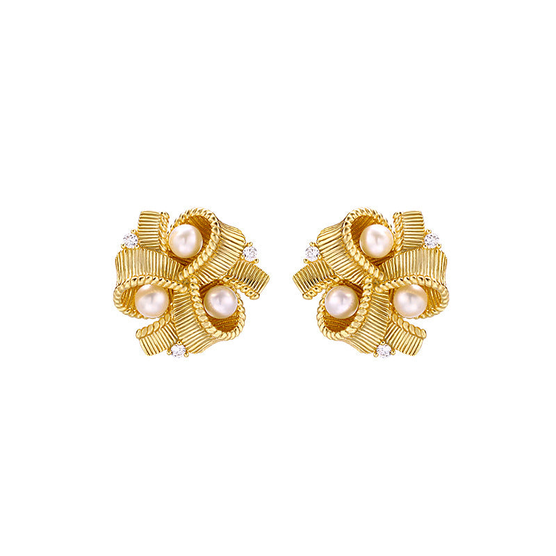 women's pearl ribbon stud earrings, view 5 - MRSLM