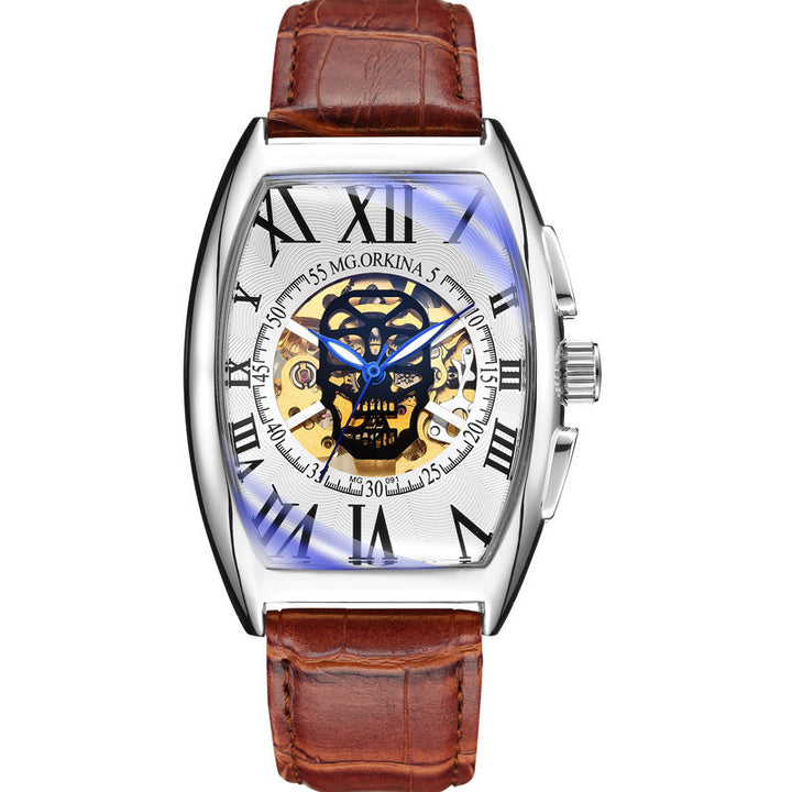 Mechanische Herrenuhr im Weinfass-Design, quadratisch, hohl, transparenter Boden