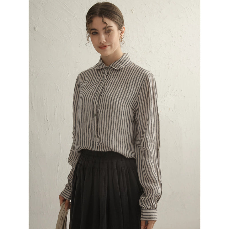 striped cotton linen long sleeve shirt, view 3 - MRSLM