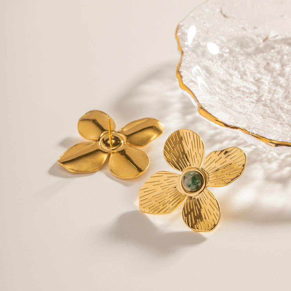 Vintage Flower Inlaid Natural Stone Stud Earrings