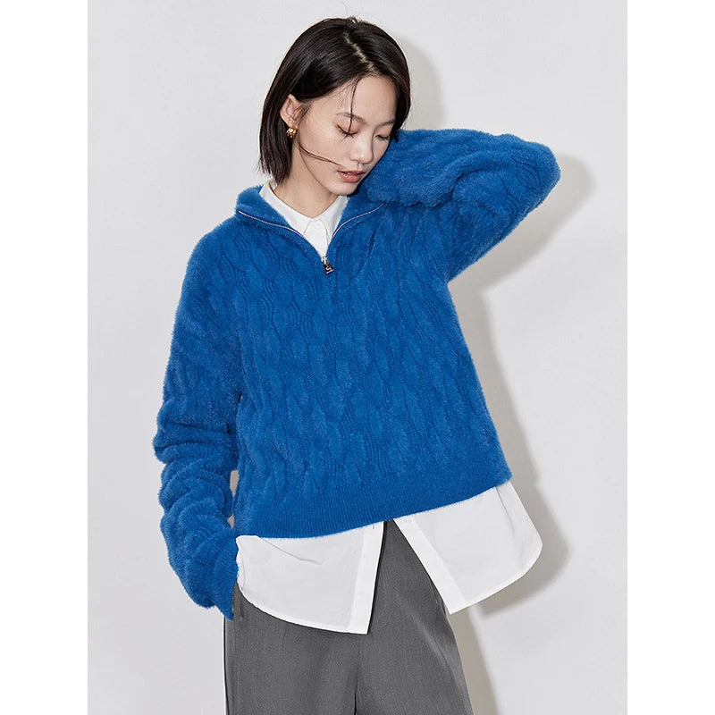 women's grid pattern knitted zipper sweater, view 5 - MRSLM