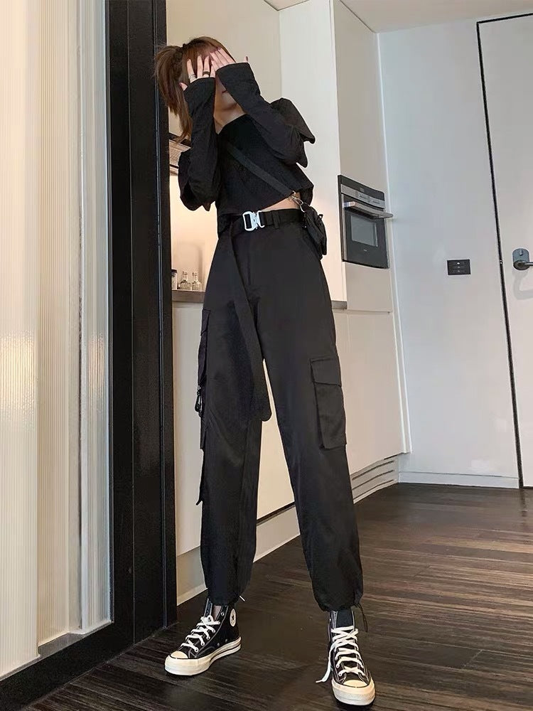straight high waist drawstring pants, view 3 - MRSLM