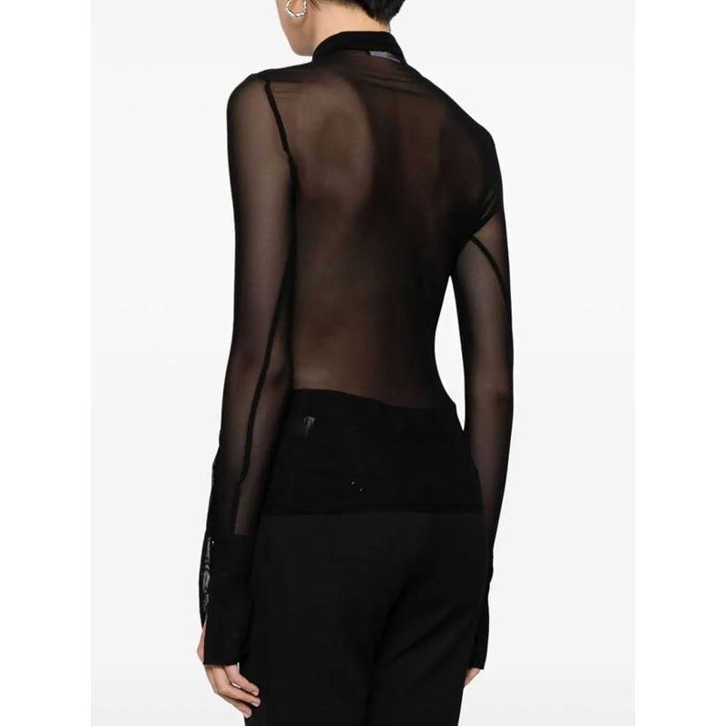 slim fit sheer mesh patchwork blouse, view 3 - MRSLM