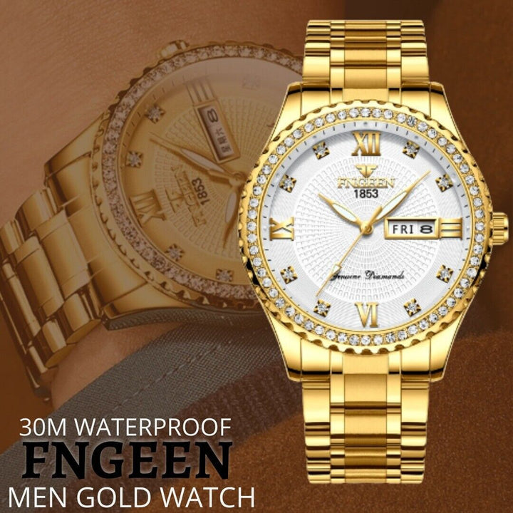 Men's Watch Gold Relojes De Hombre Classic Stainless Steel Quartz Diamond Watch