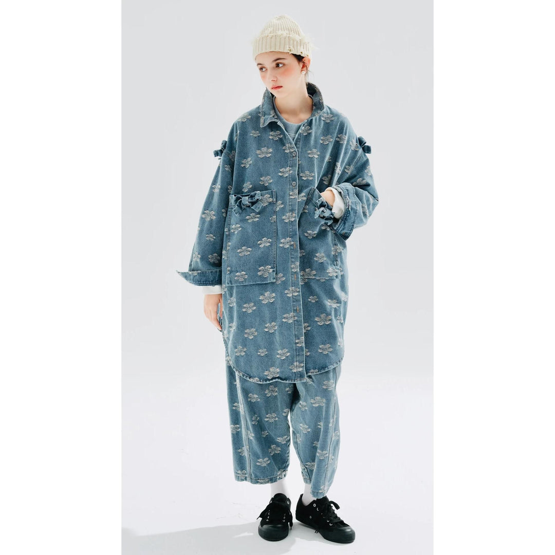 Autumn Floral Jacquard Denim Long Shirt Coat with Shawl Collar