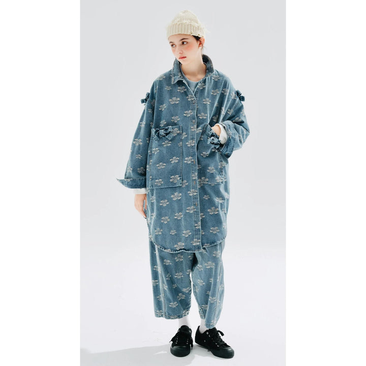 Autumn Floral Jacquard Denim Long Shirt Coat with Shawl Collar