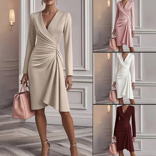 Solid Color Slim-fit Long Sleeve V-pleated Design Dress