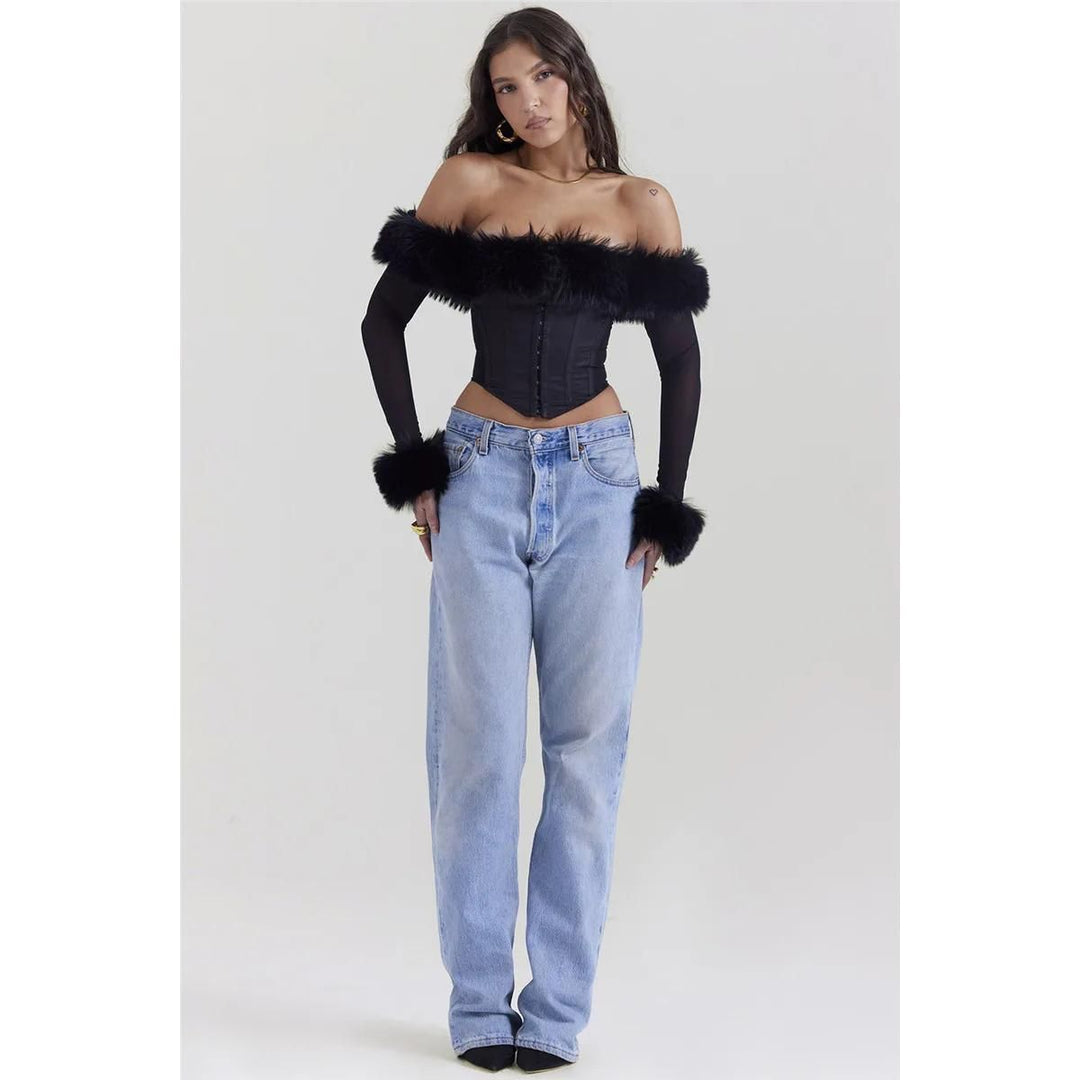 Elegant Feather Strapless Backless Sheer Long Sleeve Sexy T-Shirt