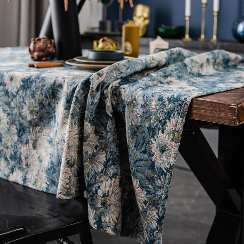 blue jacquard floral tablecloth, view 4 - MRSLM