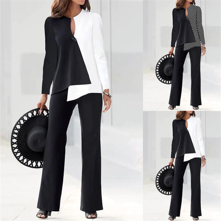 Women's Fashion Temperament Color Matching Loose Trousers Two-piece Suit