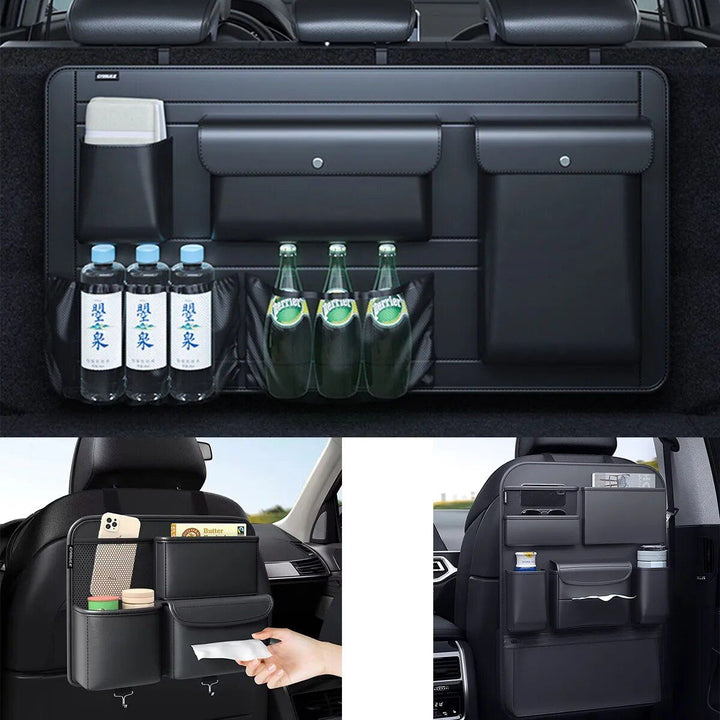 High-Capacity Leather Car Storage Organizer for Backseat & Trunk - Black