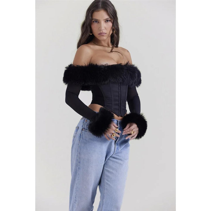 Elegant Feather Strapless Backless Sheer Long Sleeve Sexy T-Shirt