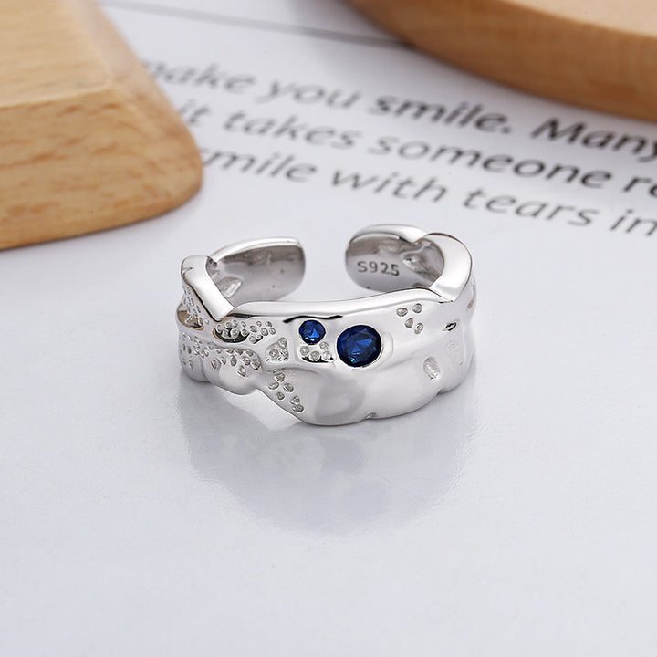 Sterling Silver Lava Texture Blue Open-end Zircon Ring