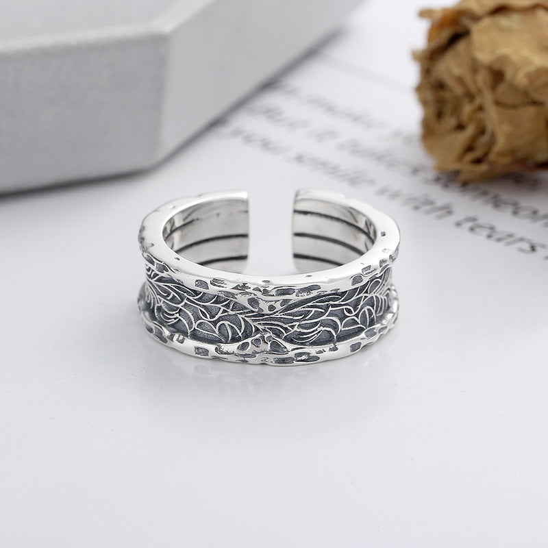 Sterling Silver Irregular Tang Grass Pattern Wide Ring