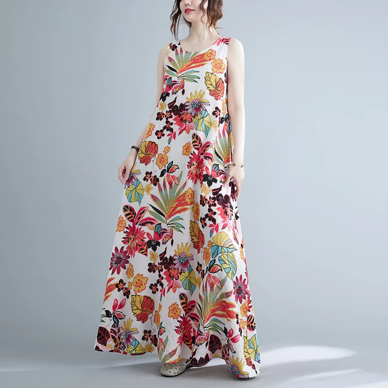 Langes Kleid aus Baumwoll-Leinen-Mischgewebe mit Blumenmuster