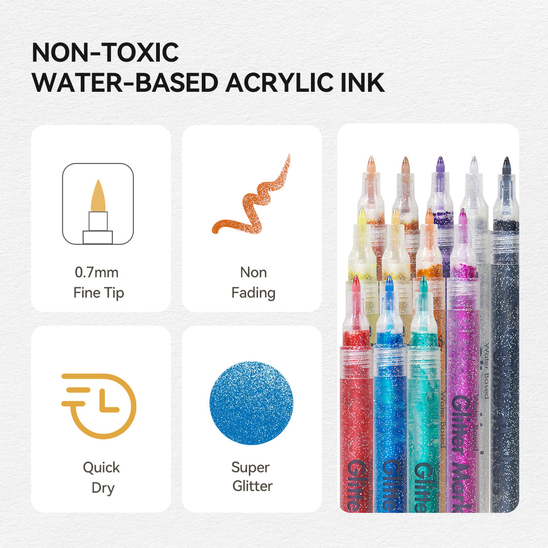 12 Marcadores de Tinta Acrílica com Glitter e Cores Brilhantes