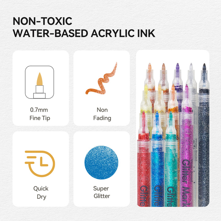 12 Marcadores de Tinta Acrílica com Glitter e Cores Brilhantes