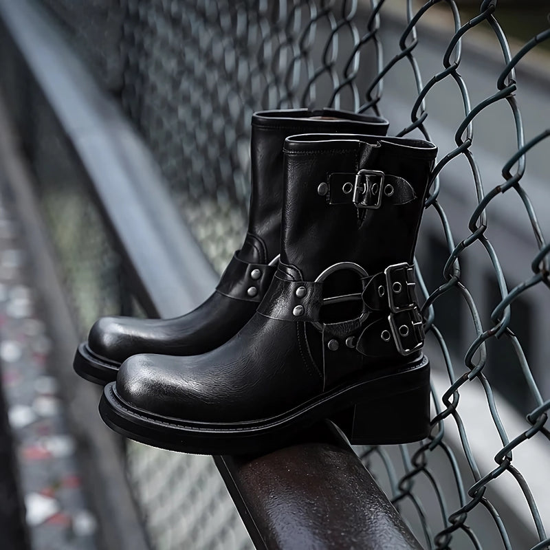 Botas de cano curto femininas retrô estilosas para motociclistas com fivelas.