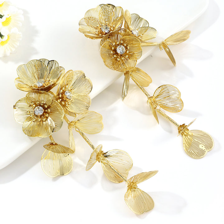 Trendy Rhinestone Flower Tassel Earrings