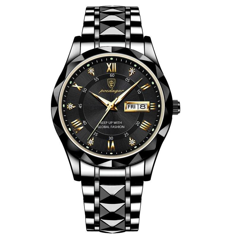 Luxury Stainless Steel Quartz Men's Watch with Luminous Date Week Display