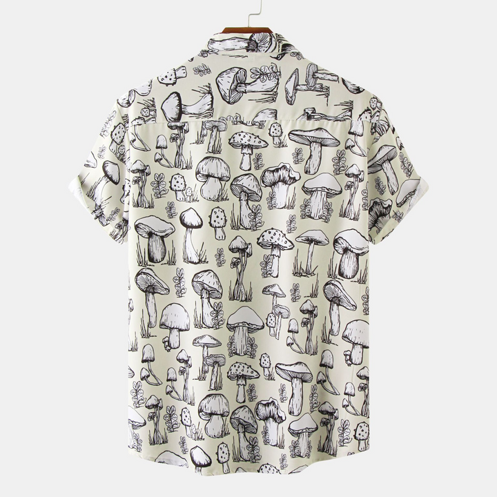 Mens Cartoon Mushroom Print Lapel Short Sleeve Shirt