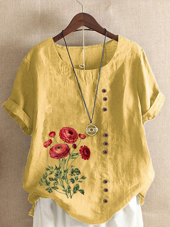 Flower Embroidery O-Neck Short Sleeve Button Casual T-Shirts for Women