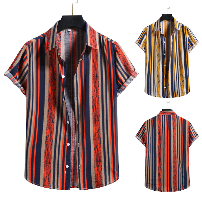 Chemises décontractées à manches courtes 100 % coton à rayures verticales pour homme 